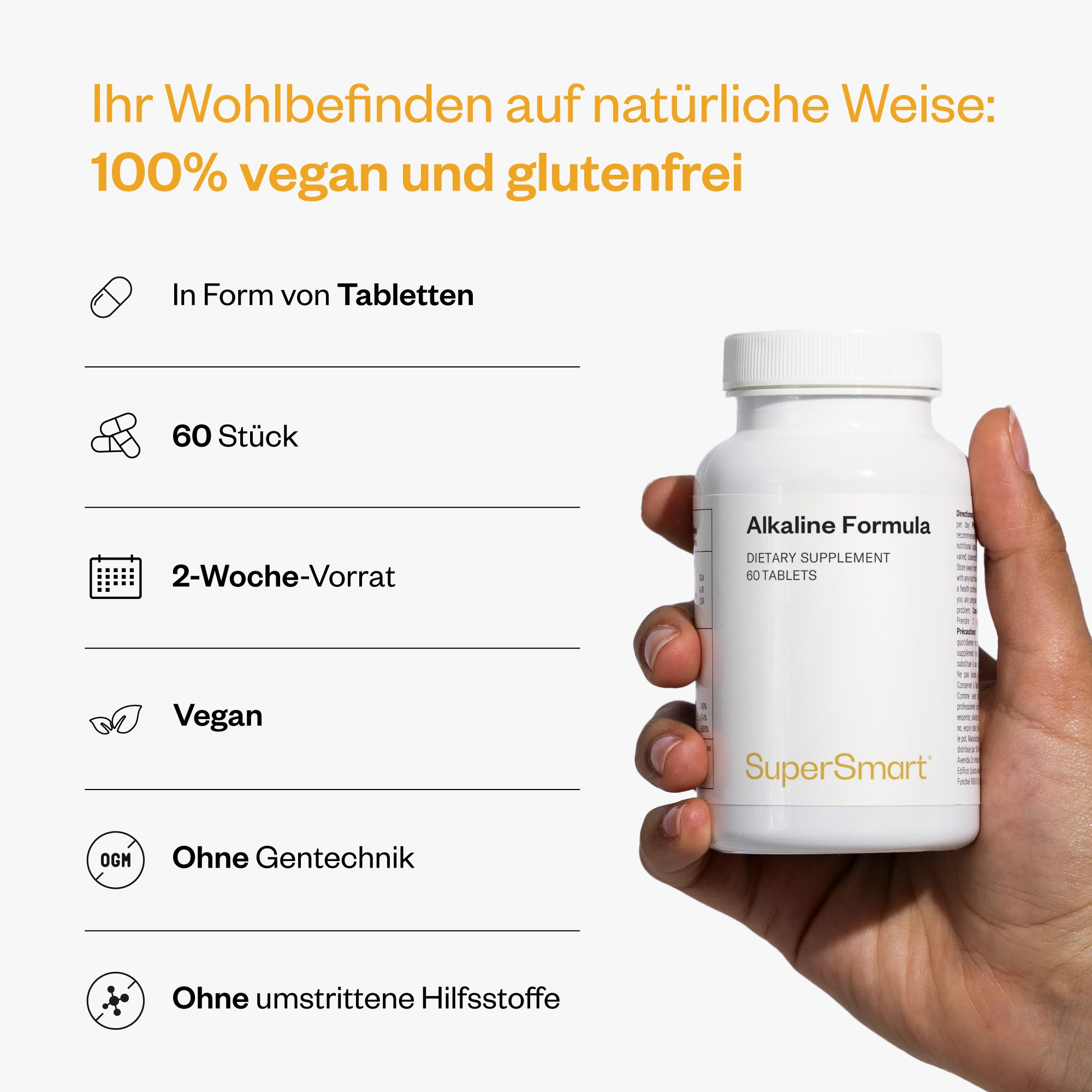 Weiße Flasche Alkaline Formula mit 60 Tabletten. SuperSmart-Logo. 100% vegan und glutenfrei.