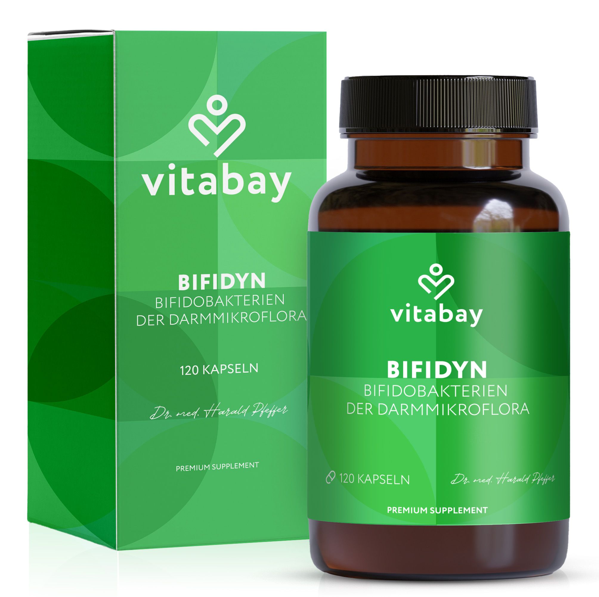 Grüne Schachtel und braune Flasche mit grüner Beschriftung. Text: Bifidyn, 120 Kapseln. Vitabay Logo. Premium Supplement.