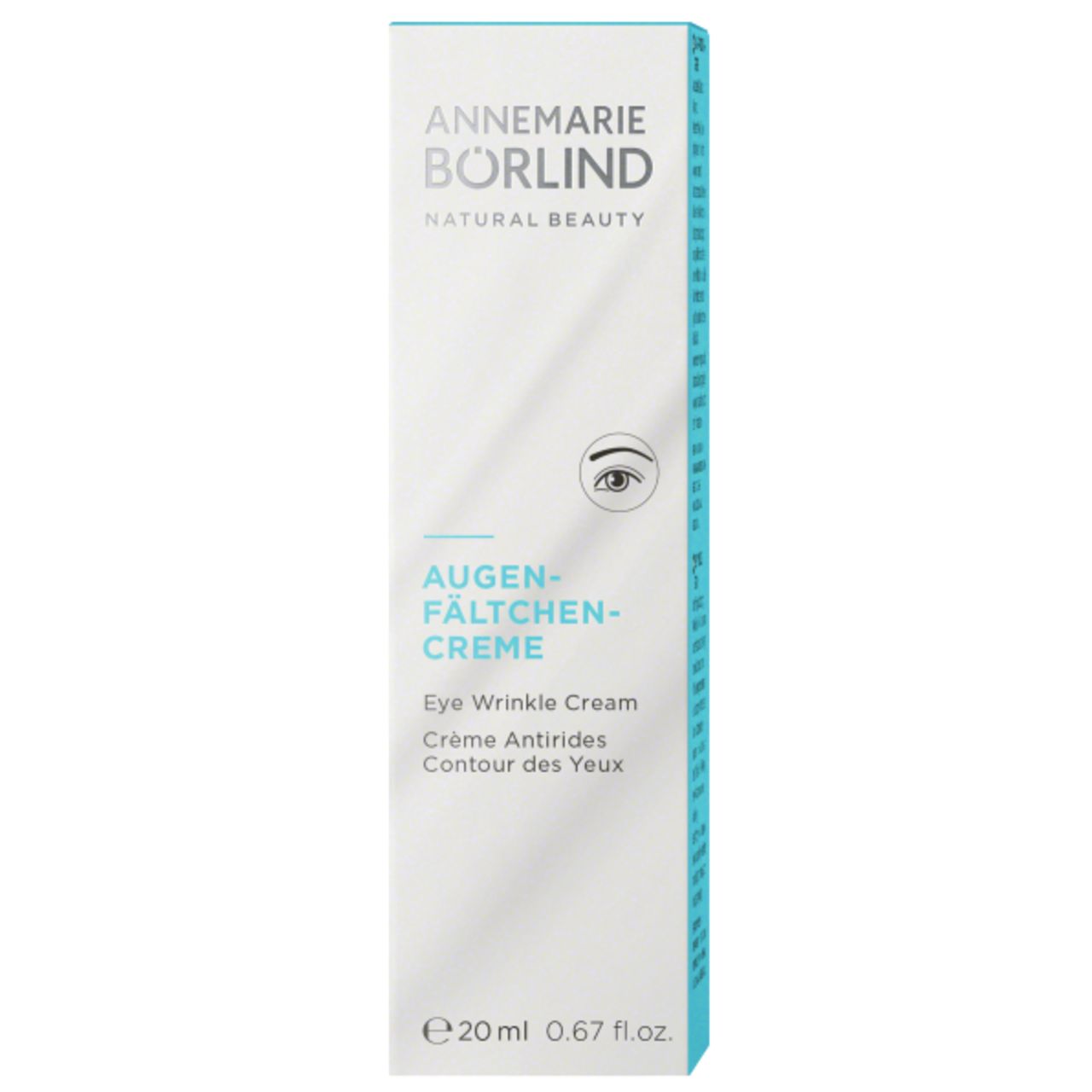 Produkt mit Verpackung. Marke: ANNEMARIE BÖRLIND. Produkt: AUGEN-FÄLTCHEN-CREME. Weiße Tube, blaue Verpackung.