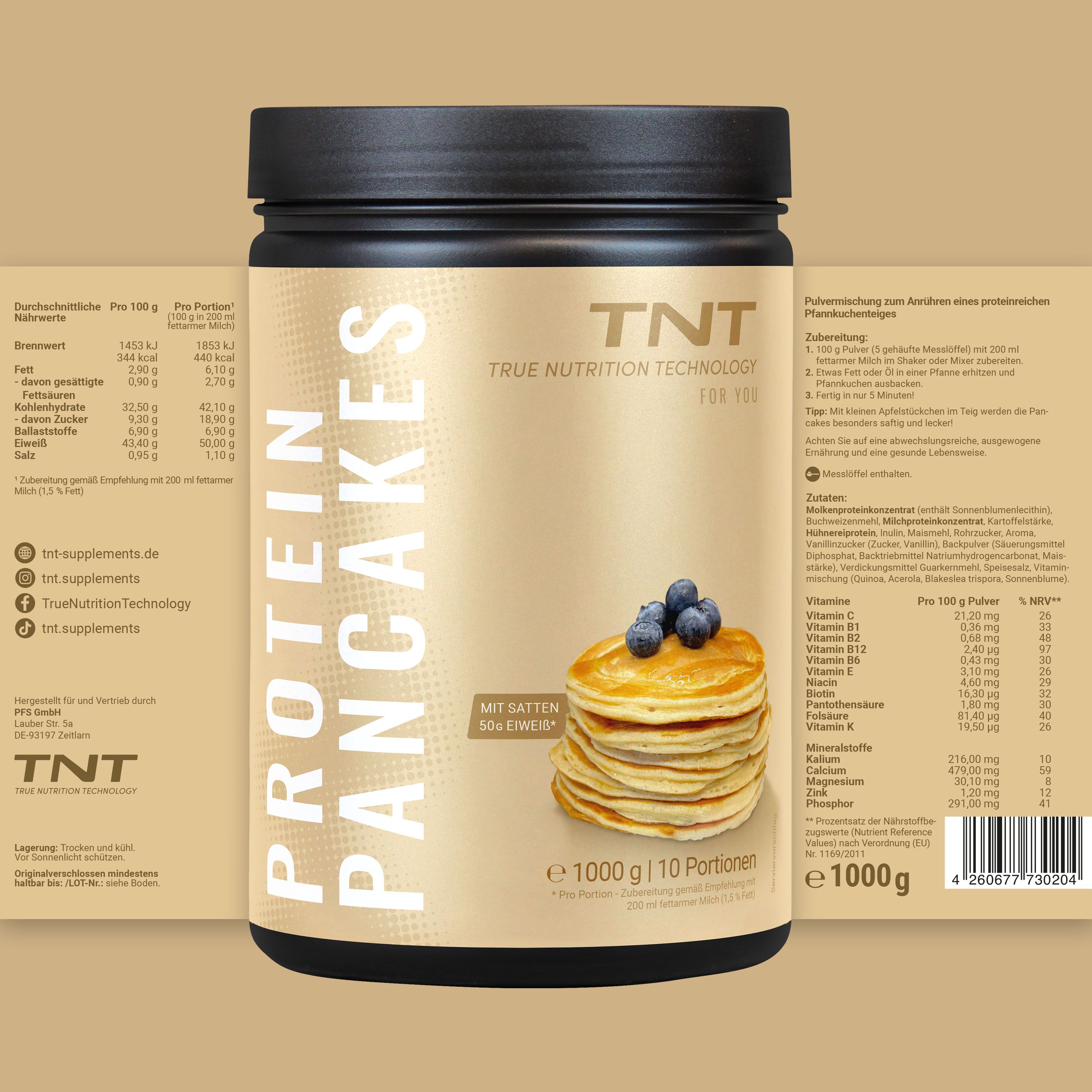 Dose TNT Protein Pancakes. Aufdruck: Protein Pancakes, True Nutrition Technology. Abbildung: Pancakes mit Blaubeeren. Text: 1000g, 10 Portionen. Nährwertangaben.