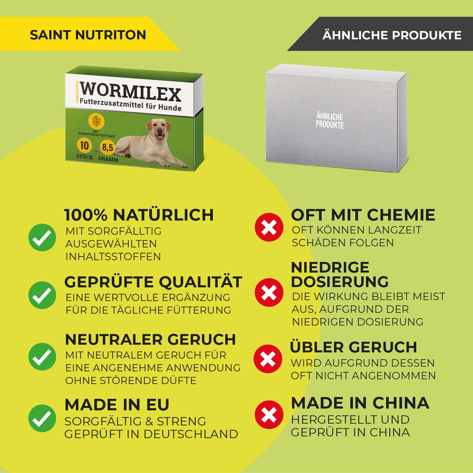 Vergleich von Wurmmittel Hund mit einem ähnlichen Produkt. Hervorgehoben: natürlich, geprüfte Qualität, neutraler Geruch.