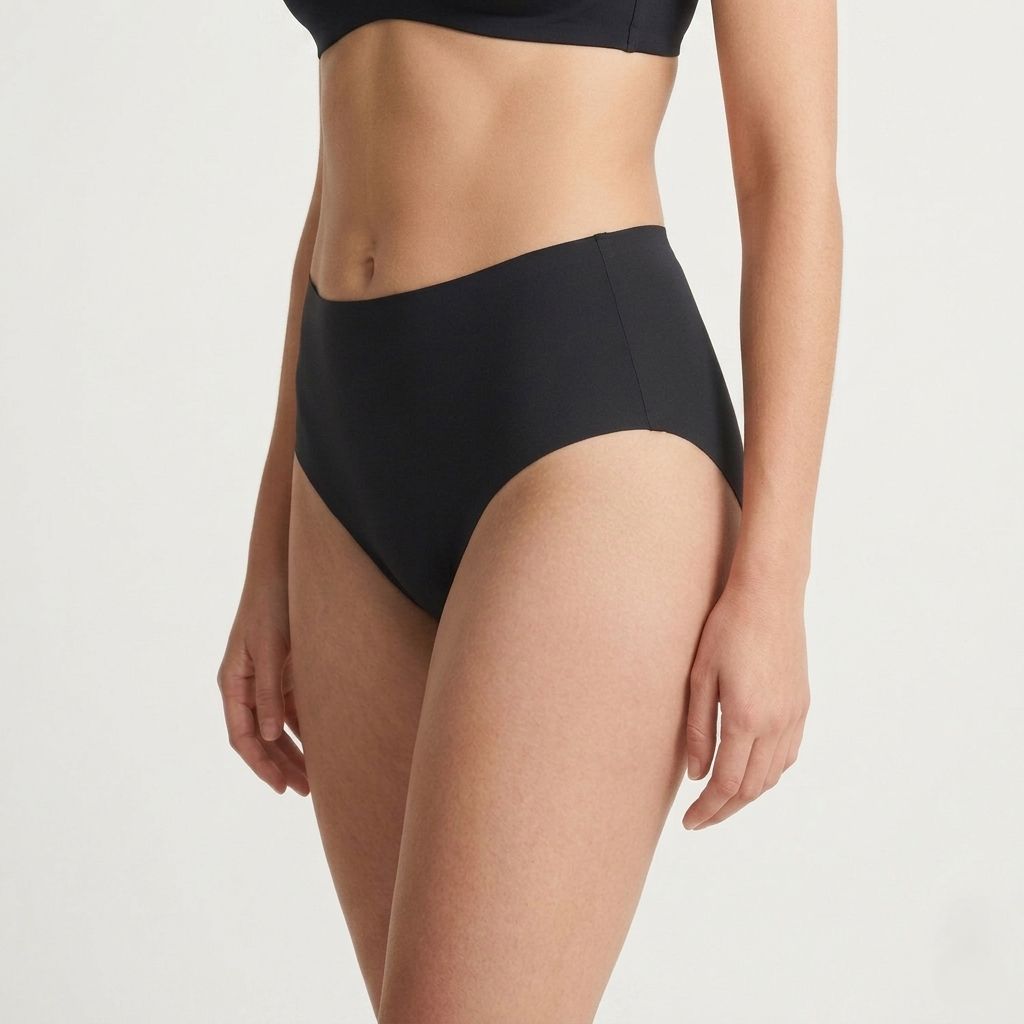Schwarze Periodenunterhose, hohe Taille, Seitenansicht. Stoffhose für den Intimbereich.