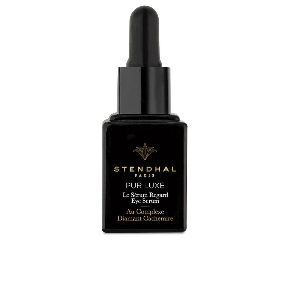 Schwarze Flasche mit Pipette. Aufschrift: Stendhal Paris, Pur Luxe, Le Sérum Regard Eye Serum, Au Complexe Diamant Cachemire.