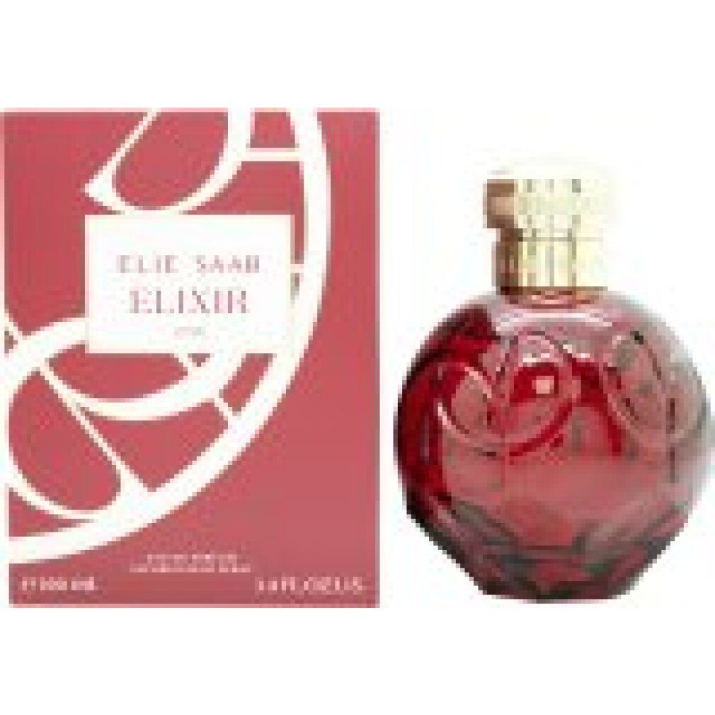 Elie Saab Elixir Love Eau de Parfum Flasche neben ihrer roten Verpackung.