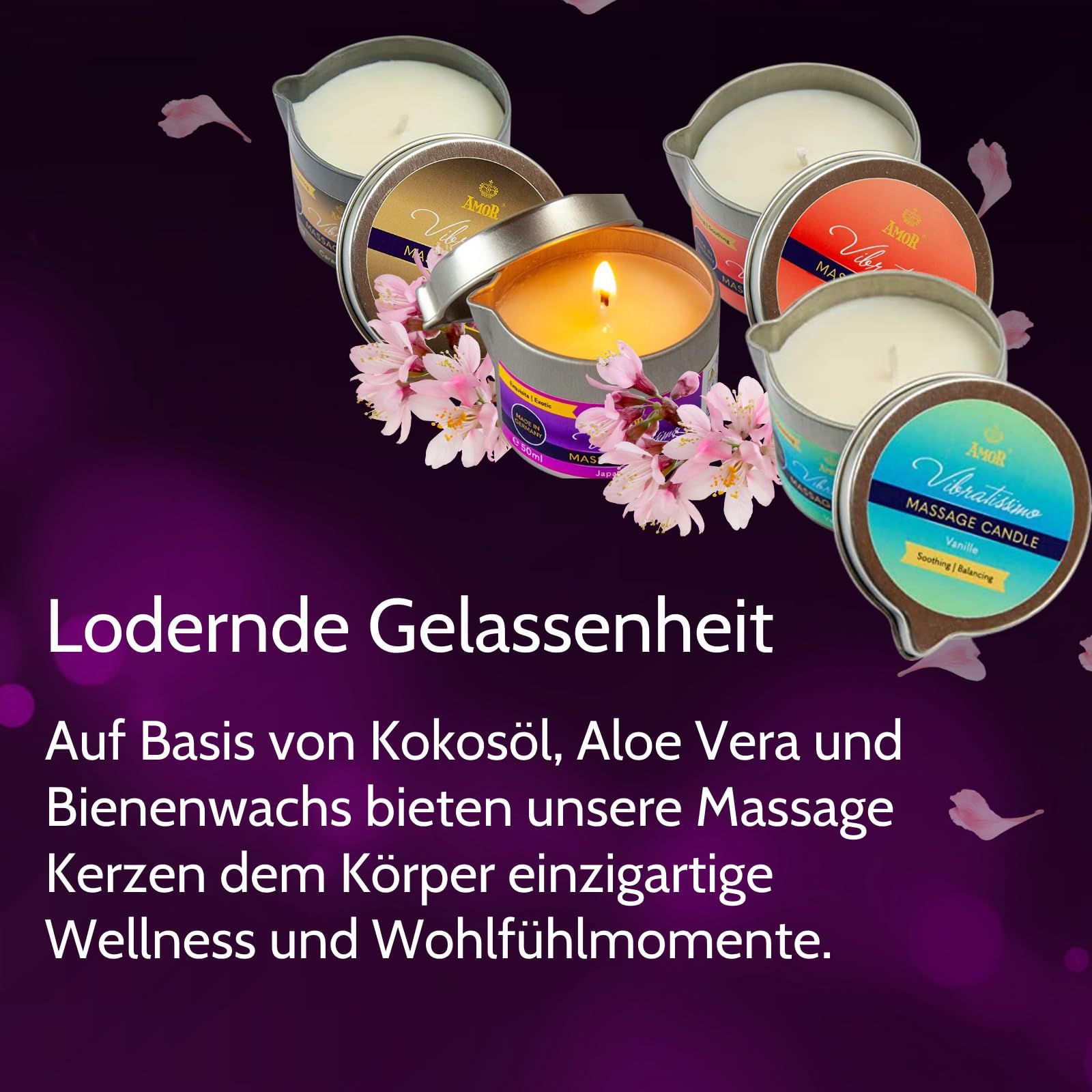 Mehrere Massagekerzen in Dosen, einige mit Blüten dekoriert.
