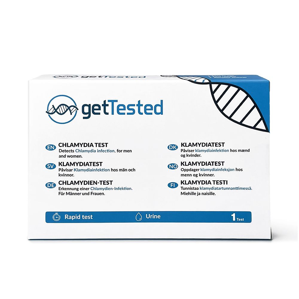 GetTested Chlamydien-Test-Box. Enthält Test für Männer und Frauen. Blaue und weiße Verpackung mit Logo und Produktnamen.
