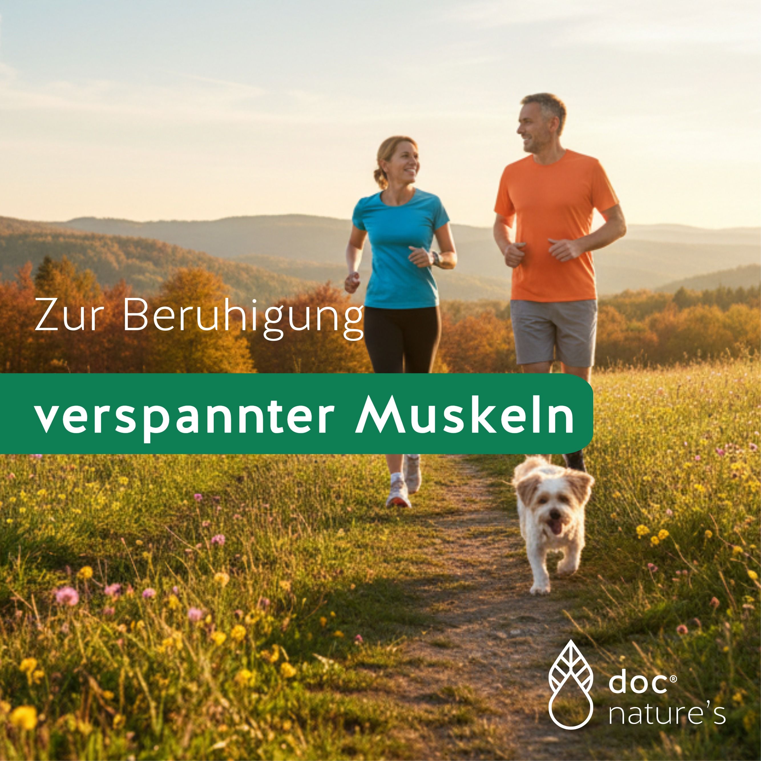 Zwei Personen joggen auf einem Weg. Text: Zur Beruhigung verspannter Muskeln. Logo: doc nature's.