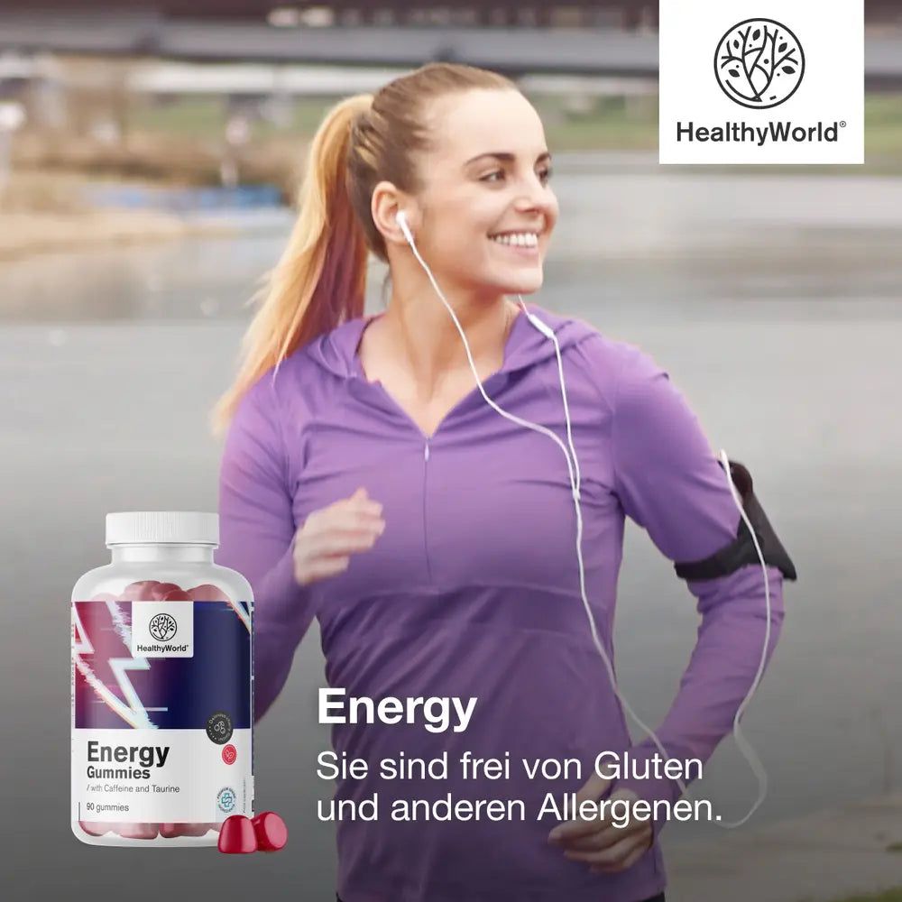 Flasche mit Energy Gummies, rot, mit Etikett 'Energy Gummies' und 'HealthyWorld'.