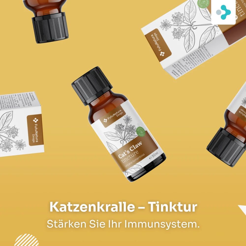 Braune Glasflasche mit schwarzem Schraubverschluss, gefüllt mit Cat's Claw Tinktur.
