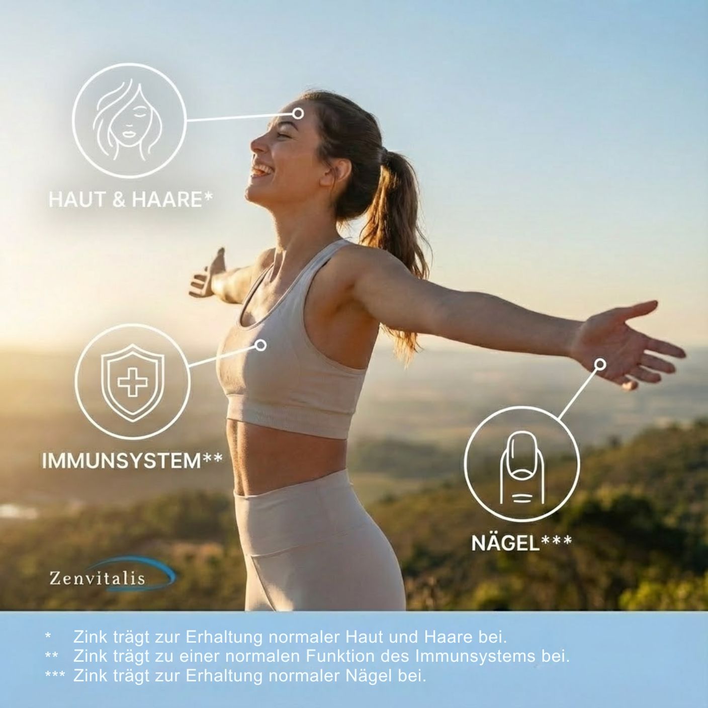 Frau mit offenen Armen in der Natur. Grafiken zeigen Haut & Haare, Immunsystem, Nägel. Marke: Zenvitalis.