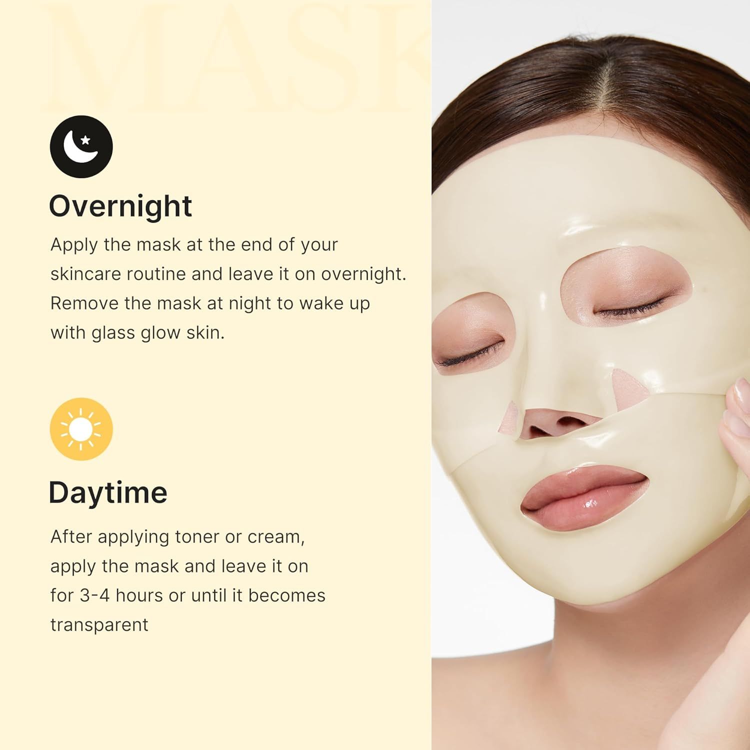 Nahaufnahme eines Gesichts mit einer Gesichtsmaske. Text: Overnight, Daytime. Anwendungshinweise für die Maske.