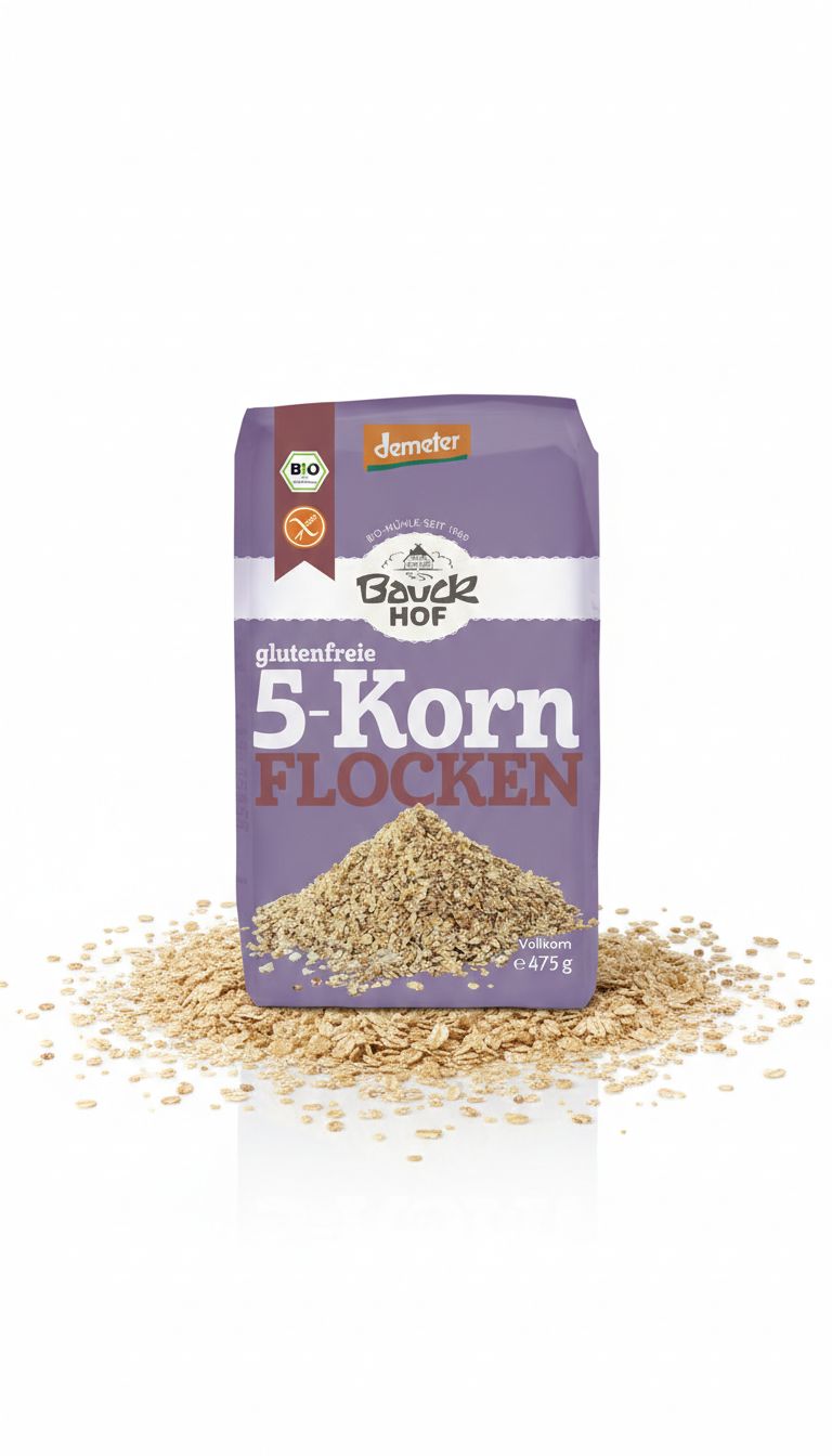 Bauckhof 5-Korn Flocken glutenfrei Packung mit einem Haufen Flocken.