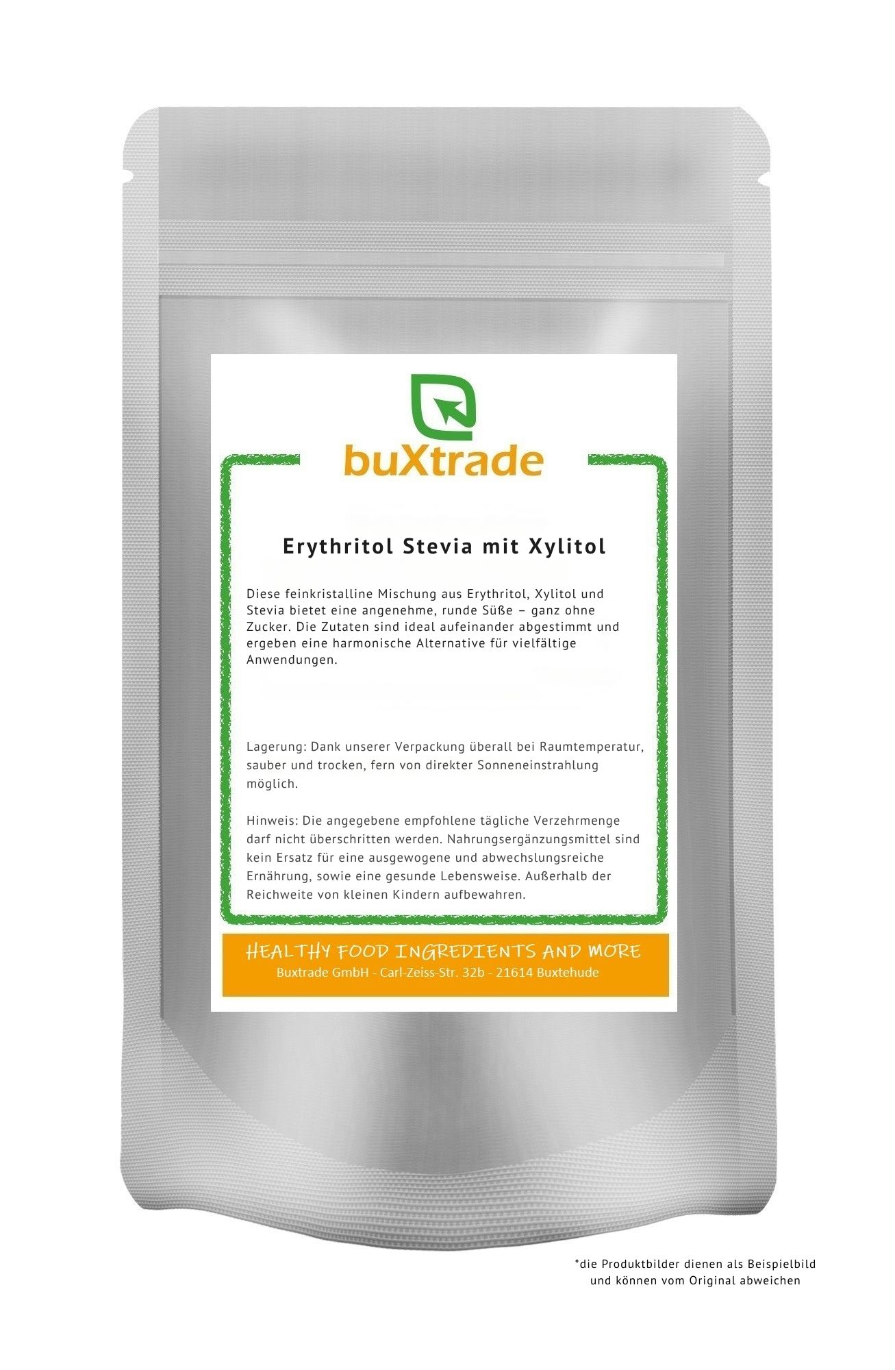 Beutel mit Aufdruck. Aufschrift: Erythritol Stevia mit Xylitol. Marke: buXtrade. Text in Grün und Orange. Produkt für gesunde Ernährung.