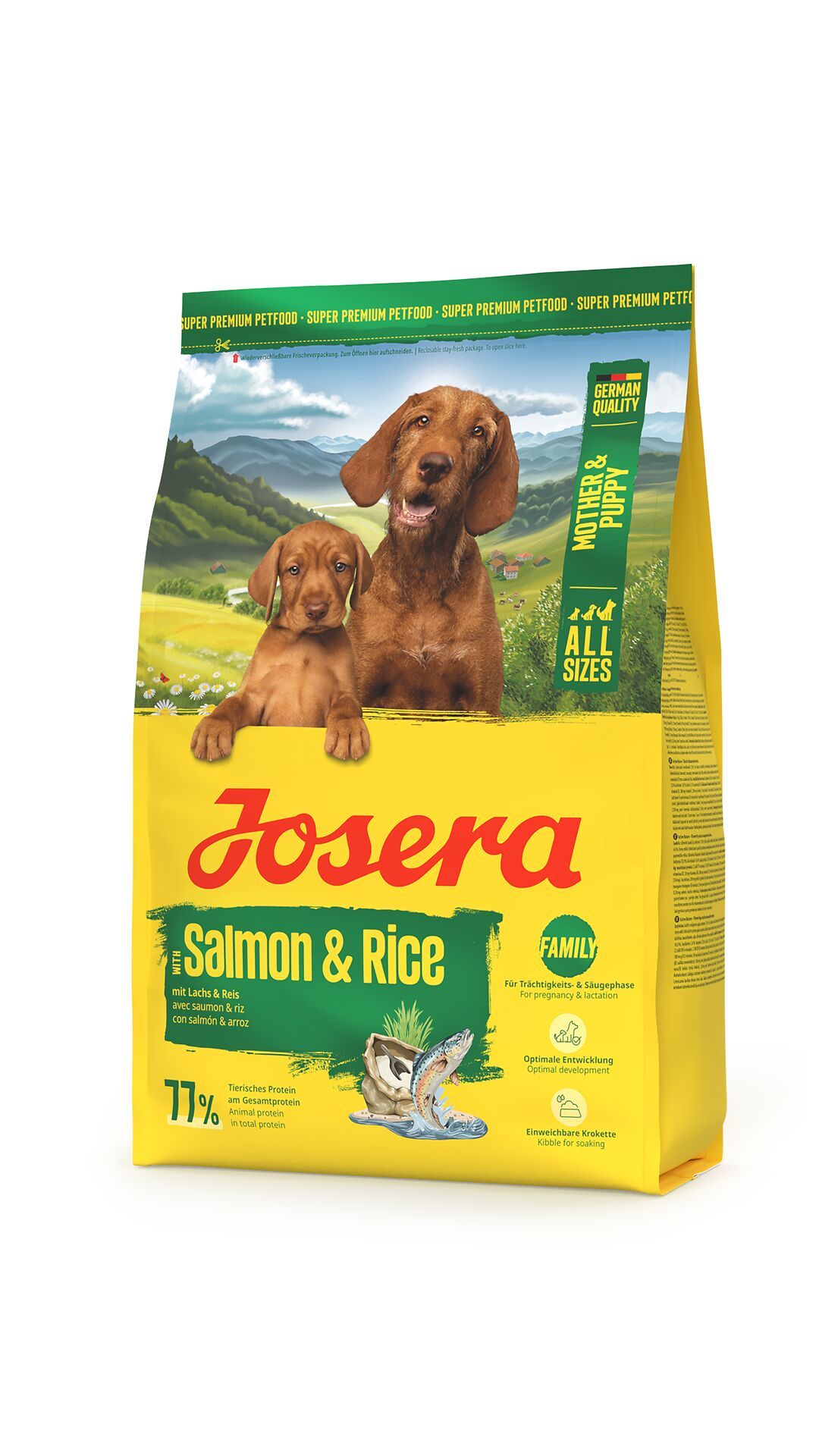 Gelbe Verpackung mit Produktnamen JOSERA Mother & Puppy Salmon & Rice. Abbildung von zwei Hunden. Text: German Quality.