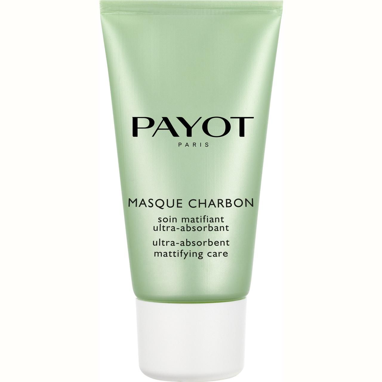 Grüne Tube mit weißem Deckel. Schriftzug PAYOT PARIS und MASQUE CHARBON. Ultra-absorbierend, mattierend.