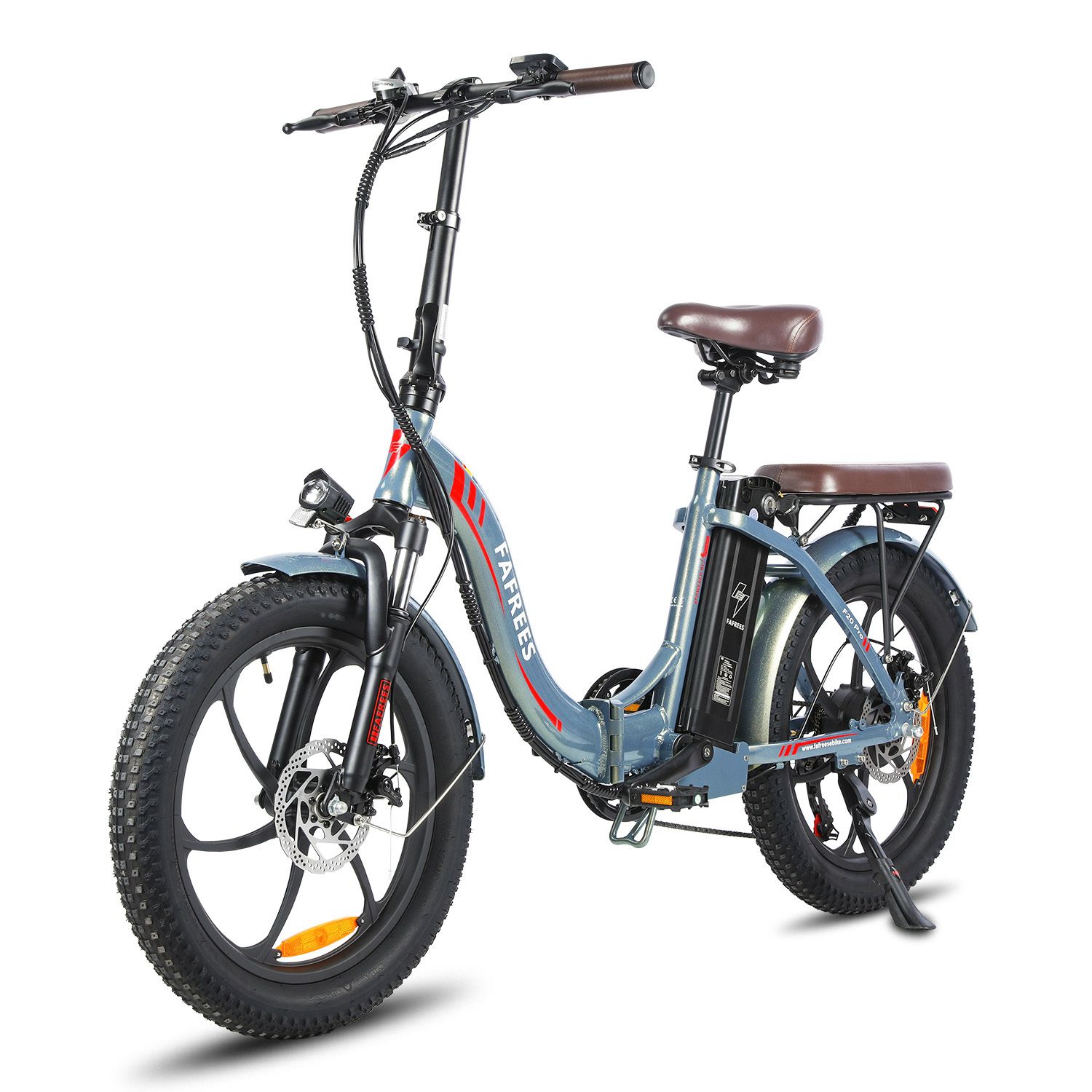 Fafrees F20 Pro E-Bike, blau, brauner Sattel, schwarze Reifen. Frontlicht, Gepäckträger, Scheibenbremsen.