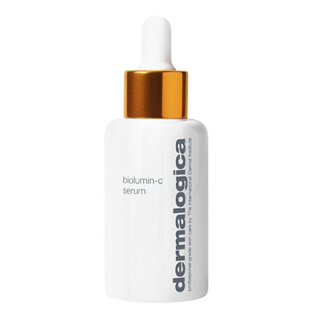 Serumflasche mit goldfarbenem Verschluss und Pipette. Aufschrift: biolumin-c serum, Dermalogica.