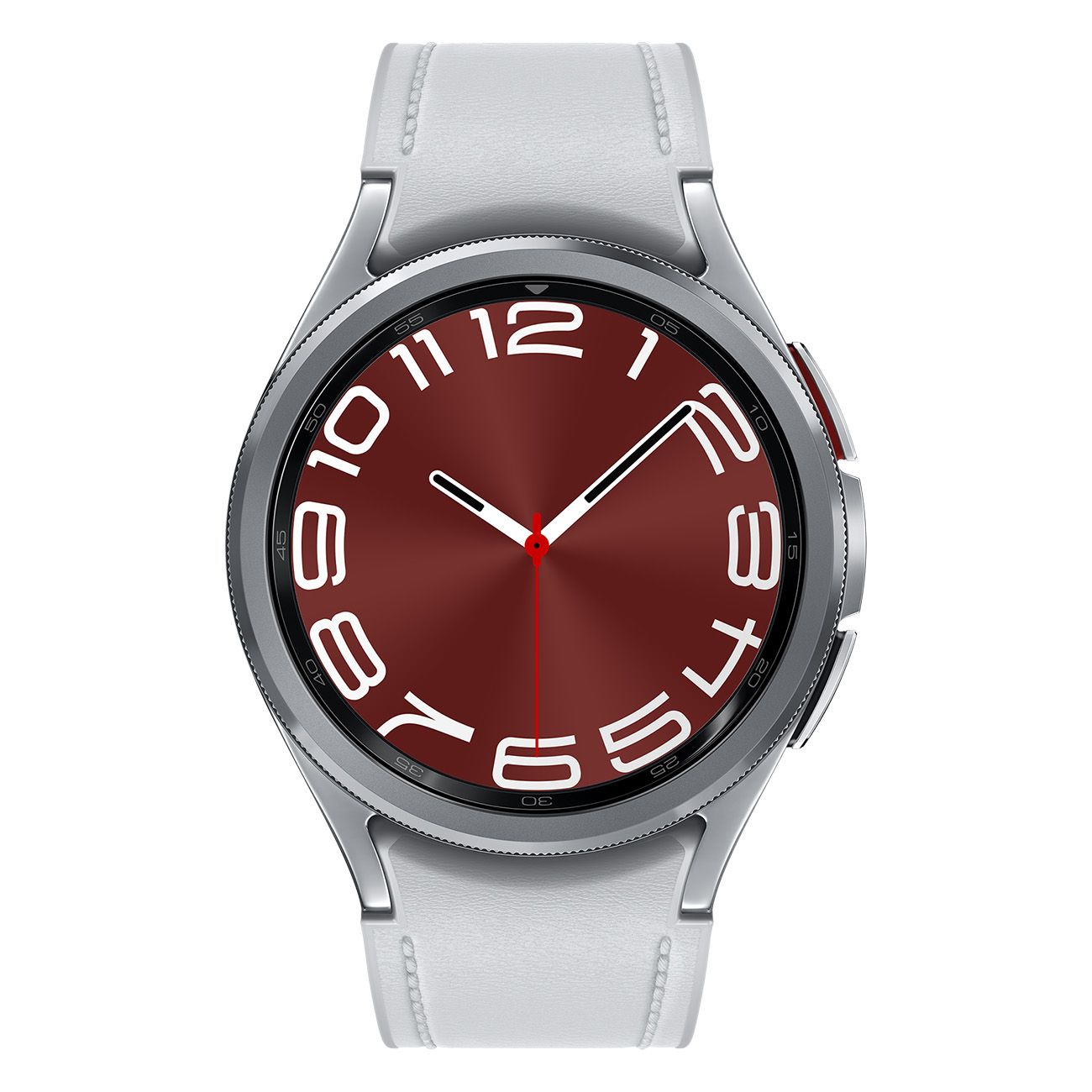 Smartwatch mit silbernem Gehäuse, rotem Zifferblatt und weißen Ziffern. Graues Armband.