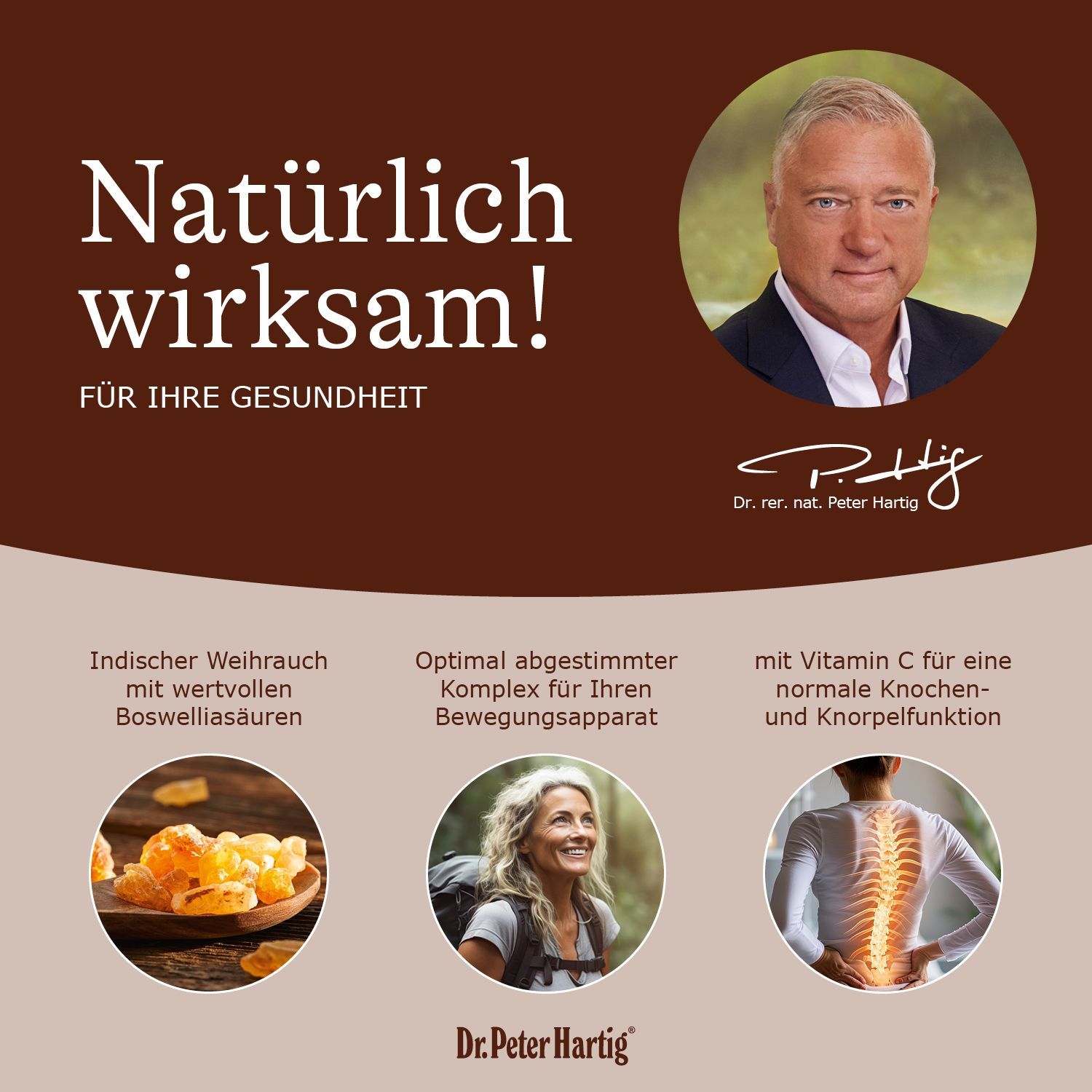Texttafel mit Verzehrempfehlung: 1-2 Kapseln täglich. Nährstofftabelle mit Inhaltsstoffen und Mengen. Dr. Peter Hartig Logo.