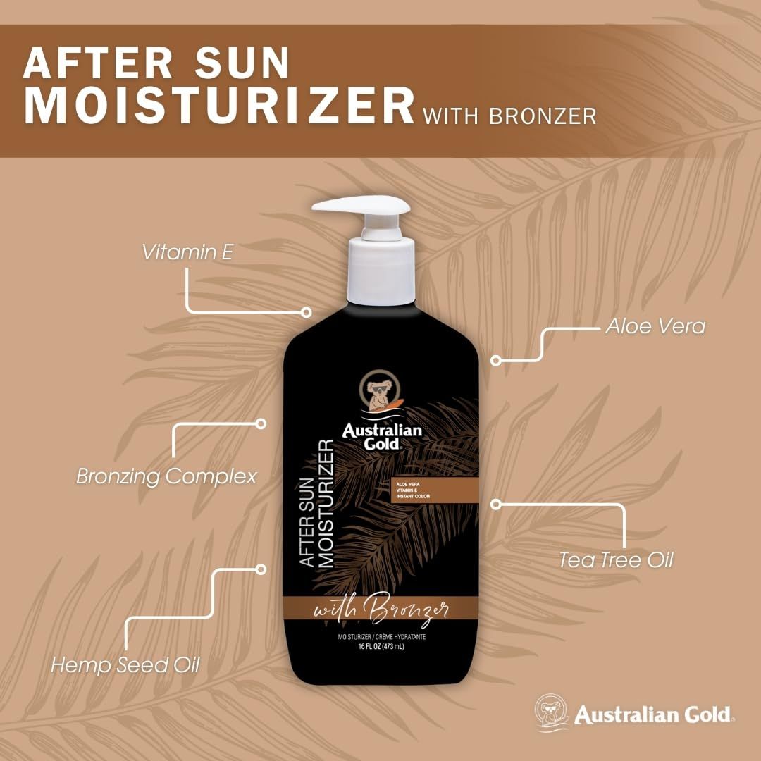 Schwarze Flasche mit weißem Pumpkopf. Aufschrift: Australian Gold, After Sun Moisturizer, mit Bronzer. Inhaltsstoffe angezeigt.
