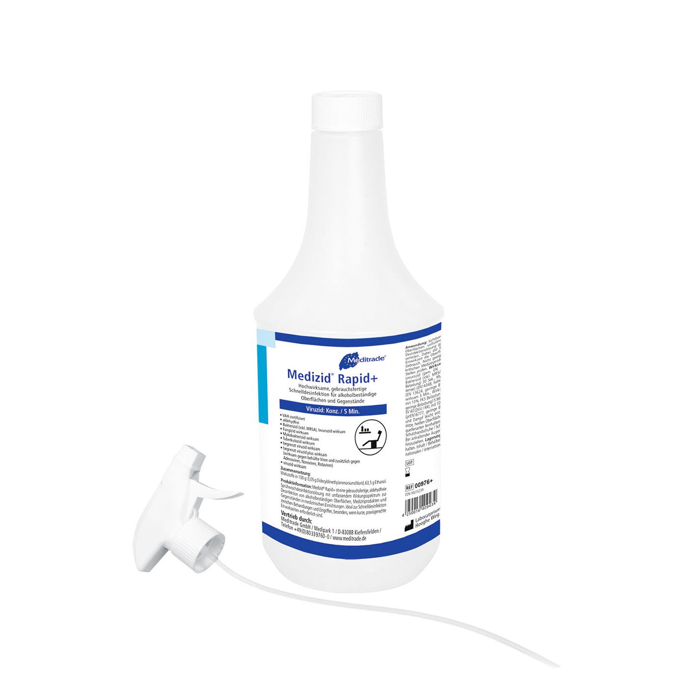 Meditrade Medizid Rapid+ Flächendesinfektion: weiße Sprühflasche mit blauem Etikett und separatem Sprühkopf.