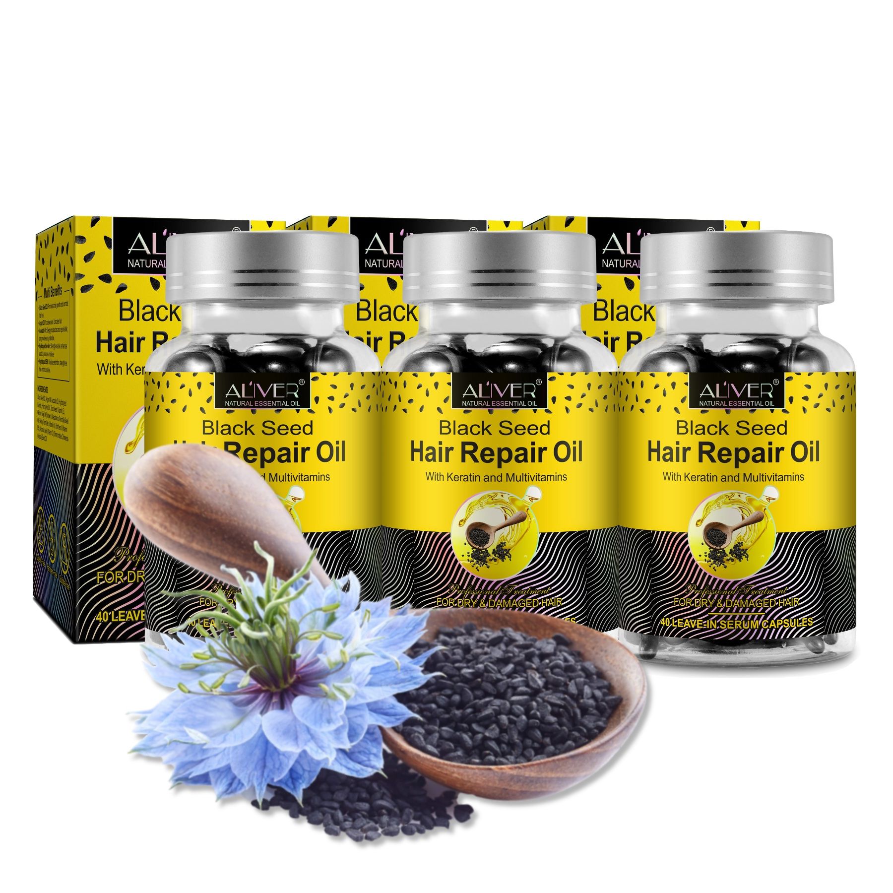 Drei Flaschen Aliver Haaröl Schwarzkümmelöl in Kapseln. Schwarze Samen, blaue Blume und Holzlöffel.