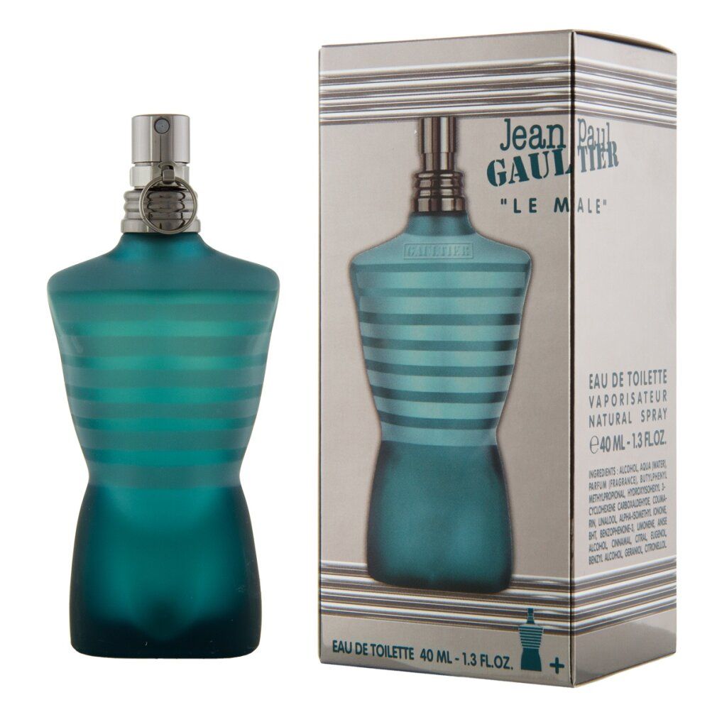 Blau-grüner Flakon in Torsoform und Verpackung. Aufschrift: Jean Paul Gaultier Le Male Eau de Toilette.