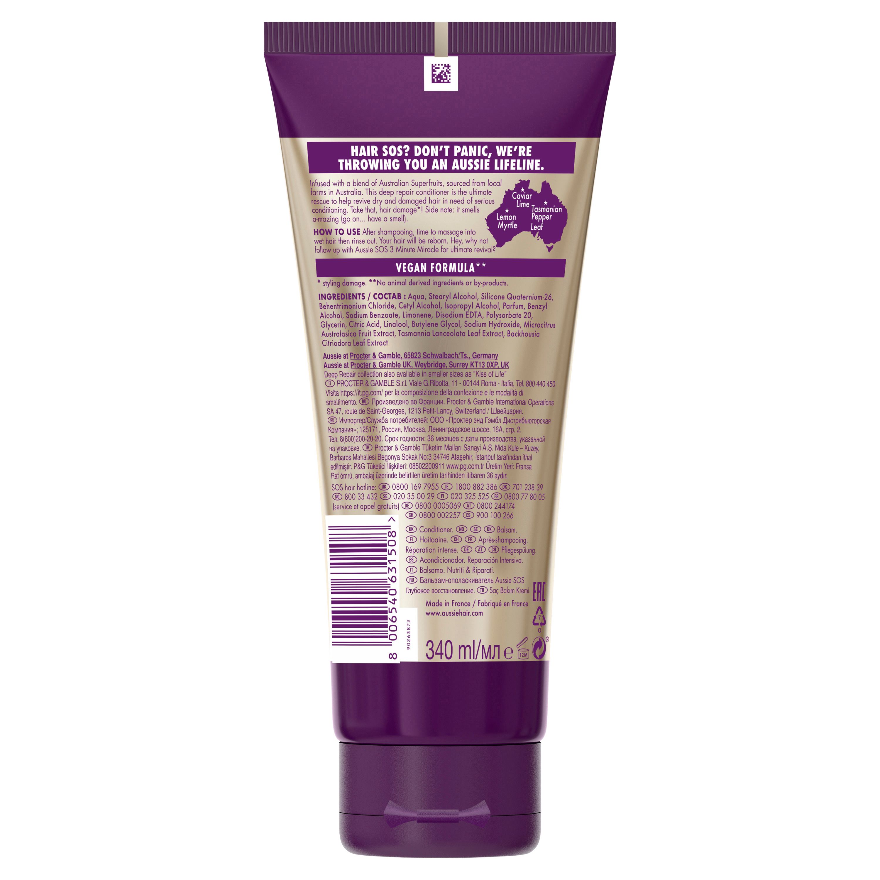 Rückseite der Tube AUSSIE SOS Deep Repair Conditioner. Text, Barcode, Inhaltsstoffe, Vegan-Logo. 340 ml.