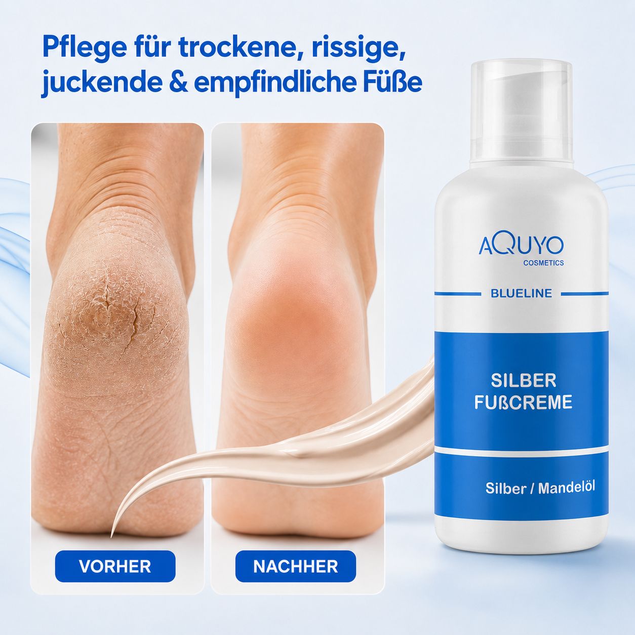 Fußcreme-Flakon mit blauem Etikett. Vorher-Nachher-Vergleich von Füßen mit rissiger Haut. Text: Pflege für trockene, rissige Füße.