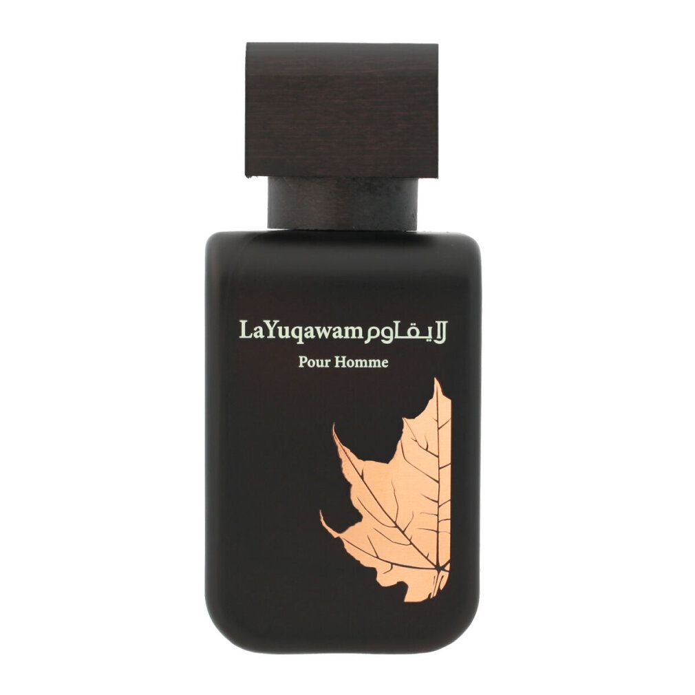 Dunkelbraune Flasche. Aufschrift La Yuqawam Pour Homme. Blatt-Design. Holzoptik.
