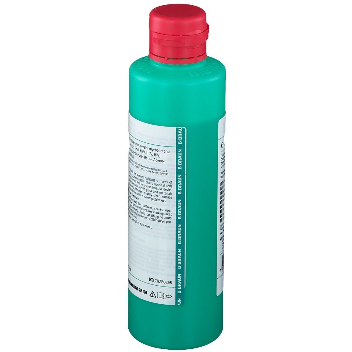 Grüne Flasche mit rotem Verschluss. Aufschrift und Text auf weißem Etikett. B. Braun Logo. CE-Kennzeichnung.