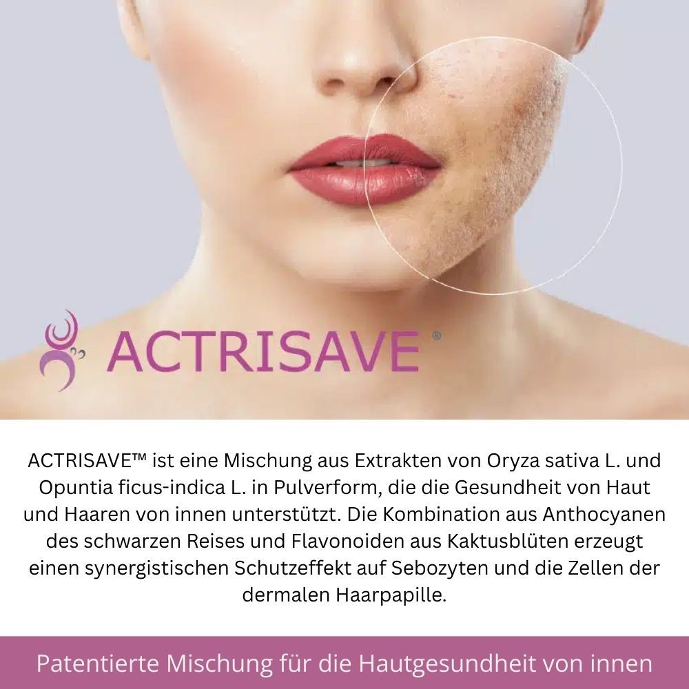 Gesicht einer Frau, eine Gesichtshälfte mit Hautunreinheiten. Text: ACTRISAVE, patentierte Mischung für die Hautgesundheit von innen.