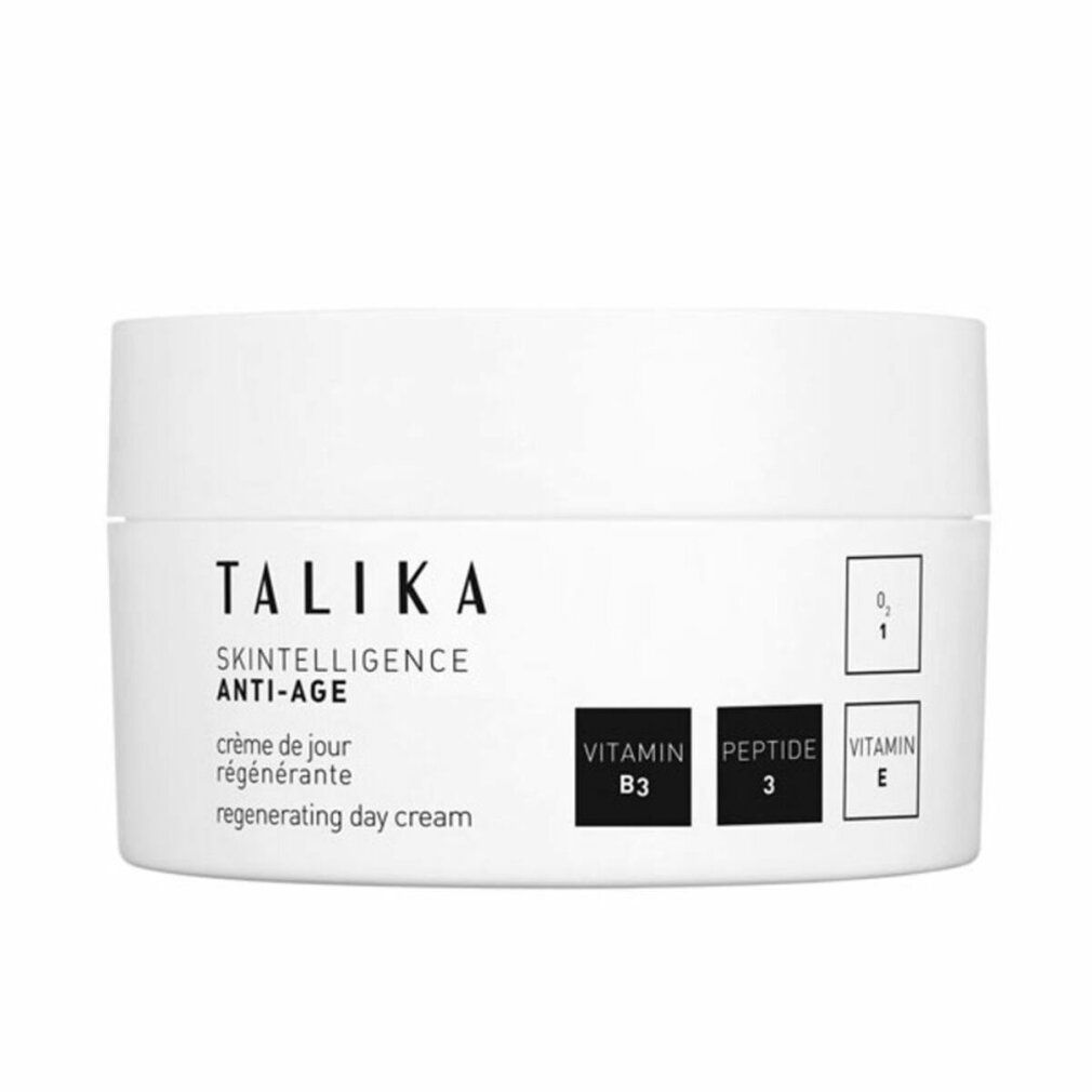 Weißer Tiegel mit Aufschrift TALIKA, SKINTELLIGENCE ANTI-AGE, Regenerating Day Cream. Enthält Vitamin B3, Peptid 3, Vitamin E.