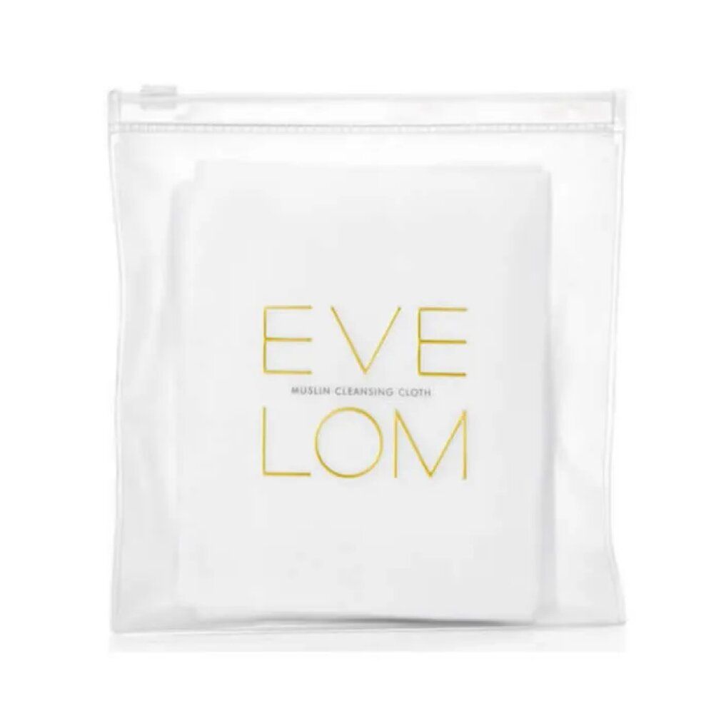 Weißes Muslintuch mit goldfarbenem Schriftzug "EVE LOM" in transparenter Reißverschlusstasche.