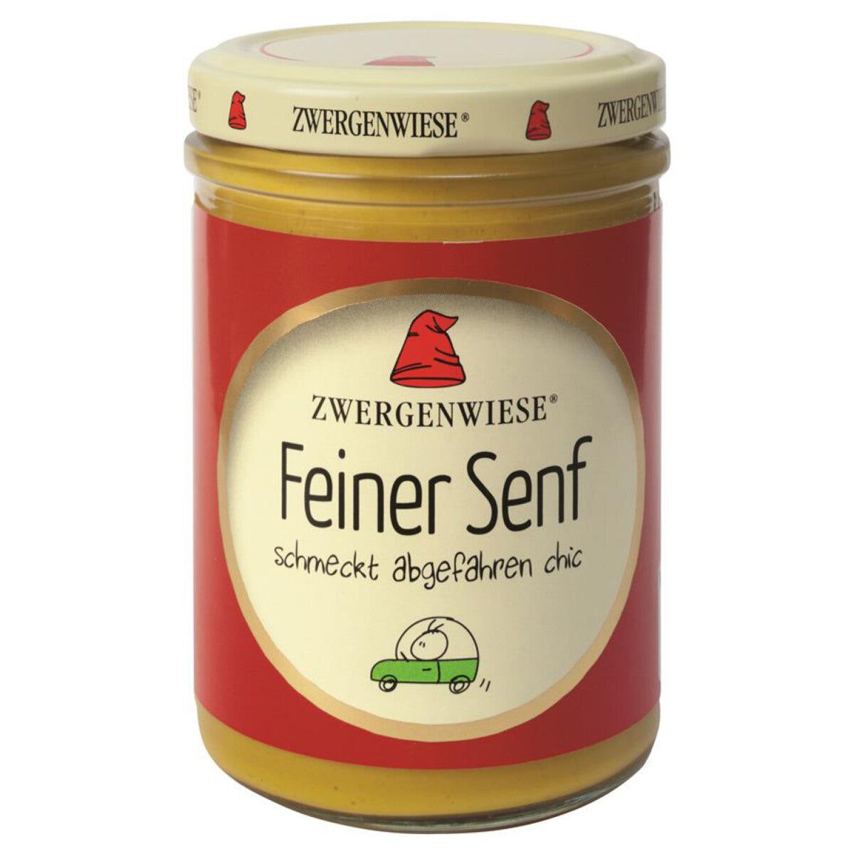 Glas mit gelbem Inhalt und rotem Etikett. Aufschrift: Zwergenwiese Feiner Senf. Deckel mit Logo. Abbildung eines Autos.
