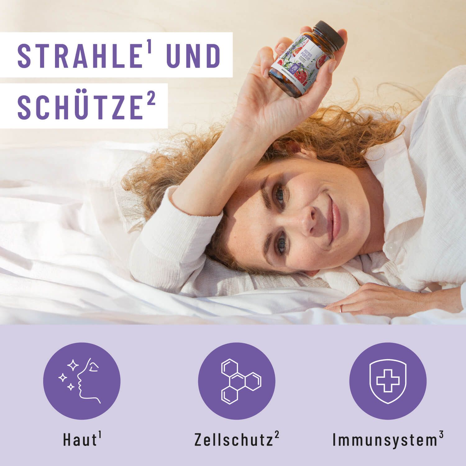 Frau hält Flasche mit Kapseln. Text: Strahle und schütze. Symbole: Haut, Zellschutz, Immunsystem.