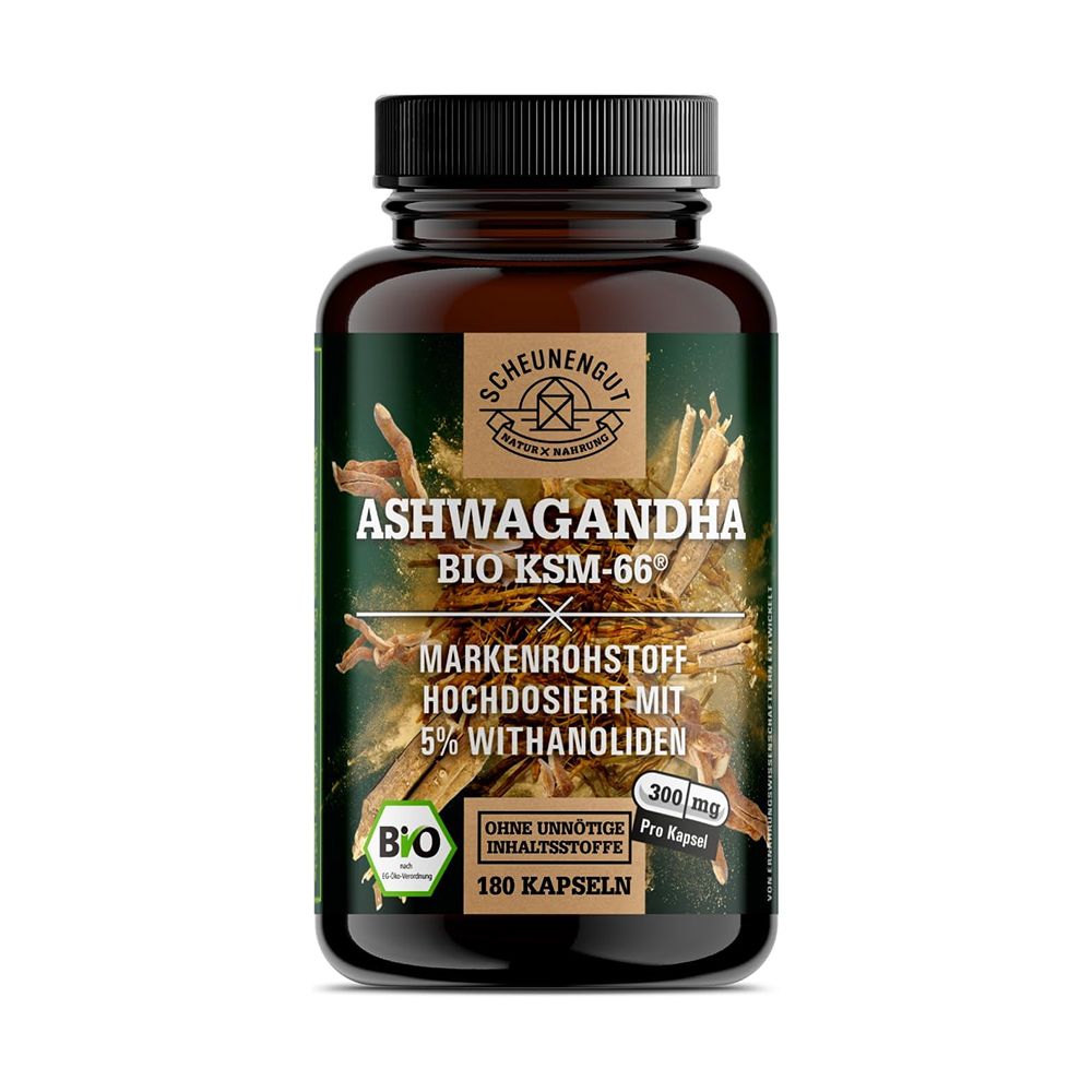 Braune Glasflasche mit dunklem Etikett, darauf Ashwagandha BIO KSM-66, 180 Kapseln.