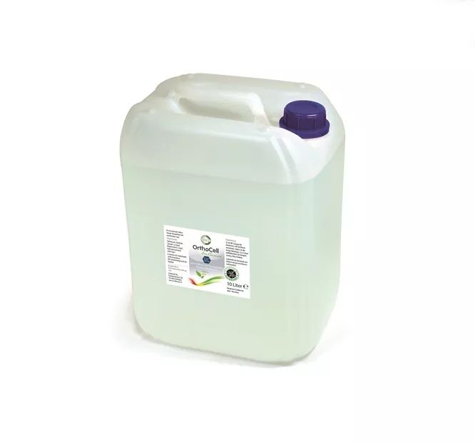Rechteckiger Kanister mit Flüssigkeit. Weißes Plastik, blauer Deckel. Etikett mit Logo und Text: OrthoCell balance OH- Lösung.