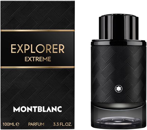 Schwarzer Flakon und Verpackung. Aufschrift EXPLORER EXTREME und MONTBLANC. Flakon mit schwarzem Deckel und silbernem Logo.