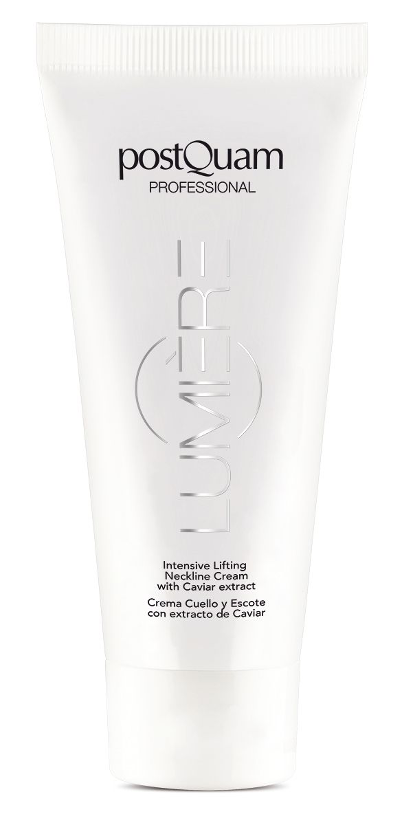 Weiße Tube mit Produkttext und Logo. Text: PostQuam Professional, Caviar Lumiere. Intensive Lifting Neckline Cream.