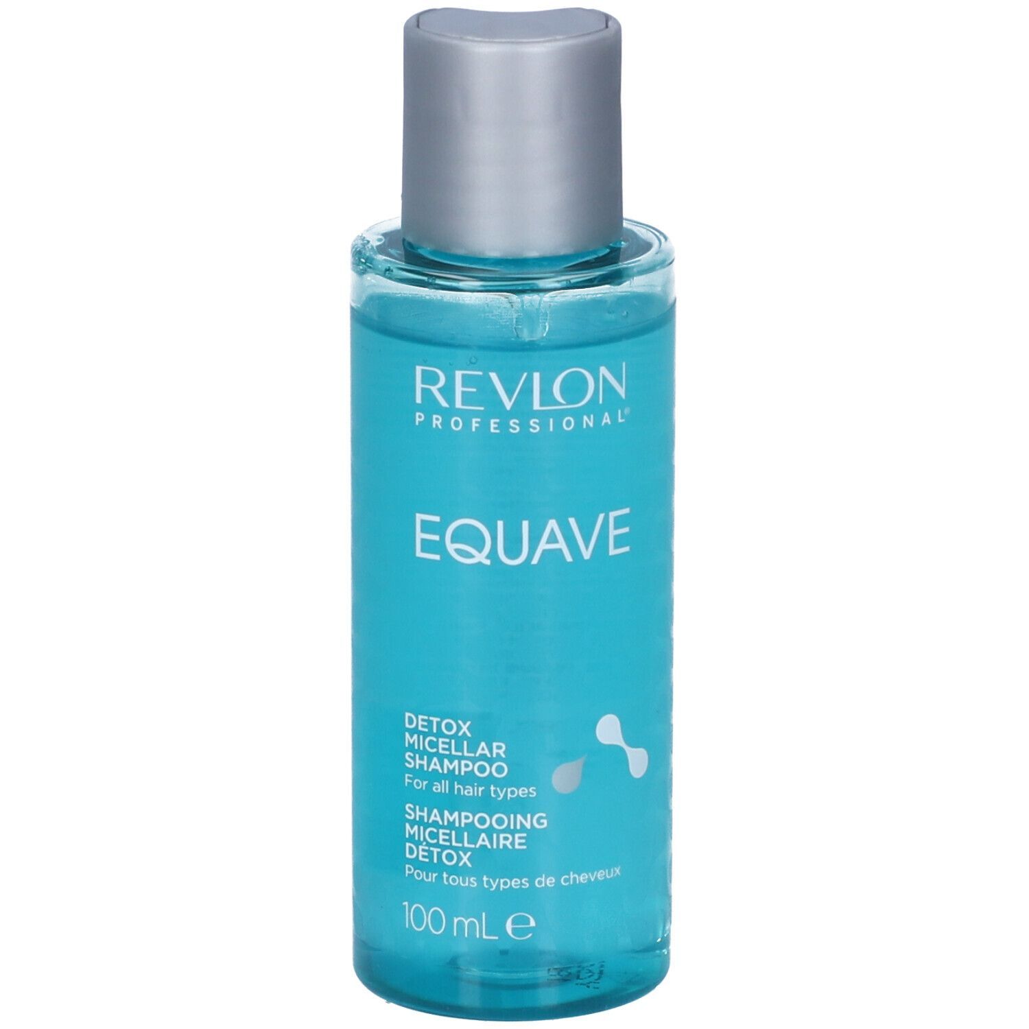 Transparente Flasche mit blauem Shampoo. Silberner Deckel. Produktetikett mit Text: Revlon Professional Equave.