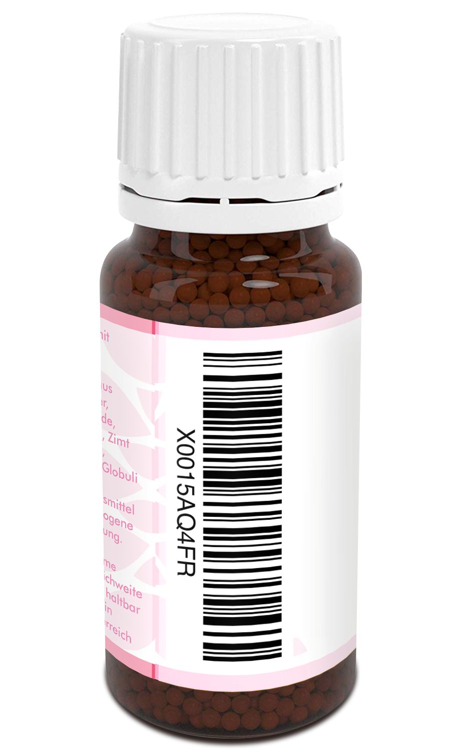 Braune Globuli in einer braunen Glasflasche mit weißem Deckel. Etikett mit Barcode und Text. Rückansicht.