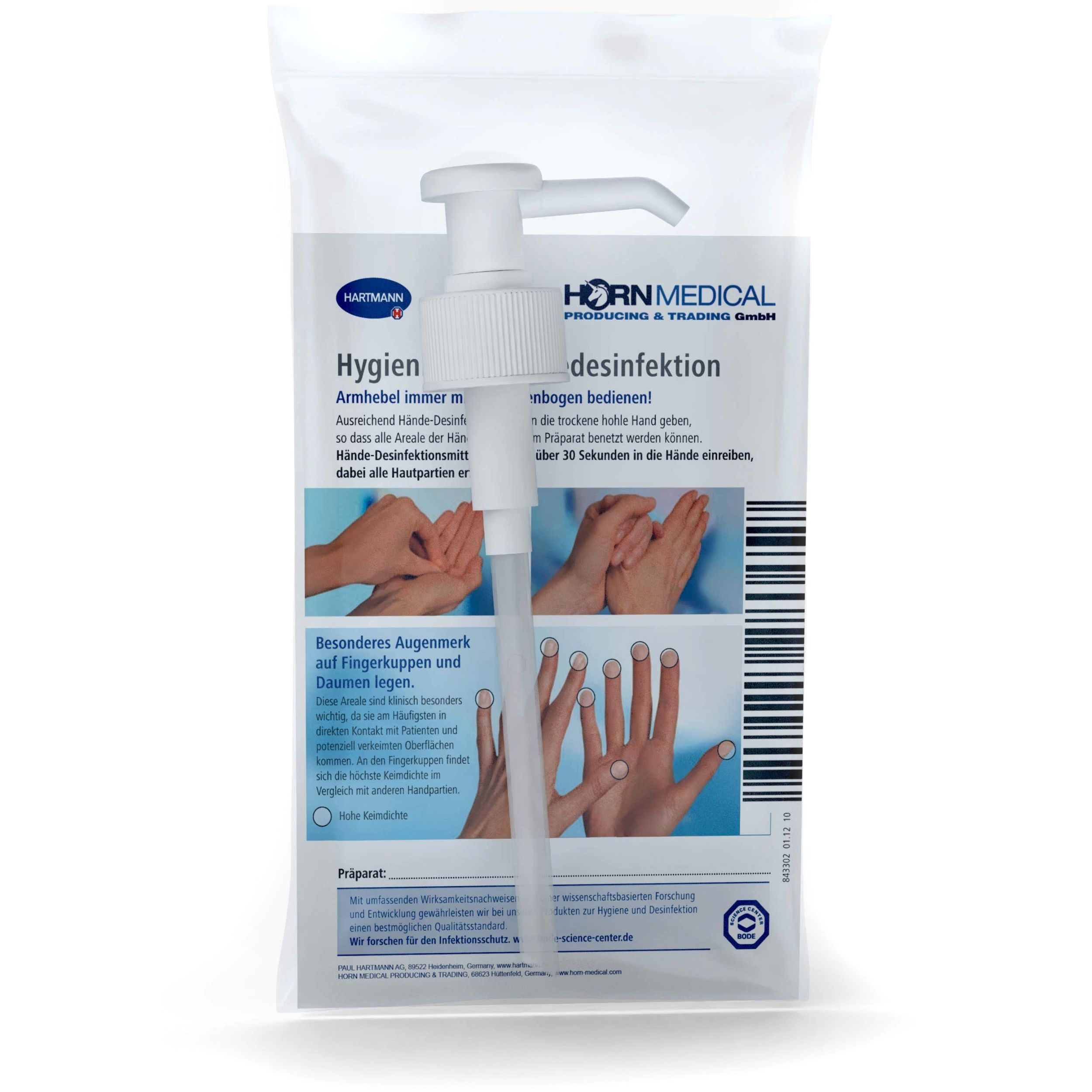 Dosierpumpe in Folienverpackung. Aufdrucke: Hygiene, HORN MEDICAL, Hartmann. Produkt zur Händedesinfektion.