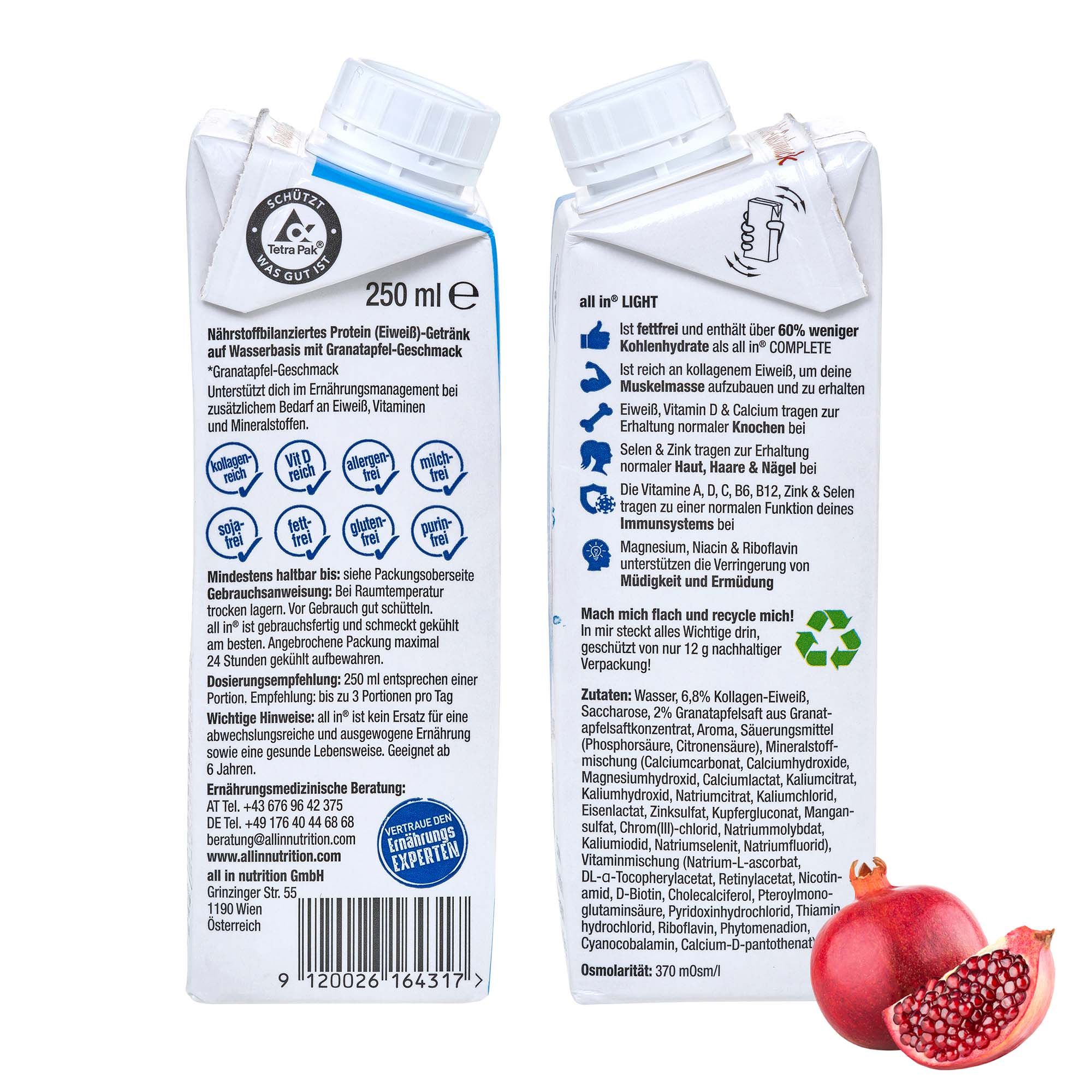 Rückseite und Vorderseite einer all in® LIGHT Protein Water Granatapfel Flasche mit Produktinformationen und Siegeln.