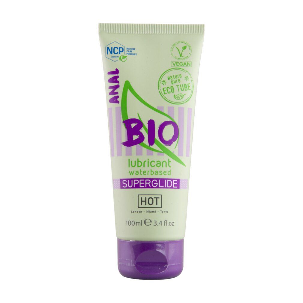 Hellgrüne Tube mit lila Verschluss. Beschriftung: BIO lubricant waterbased SUPERGLIDE.