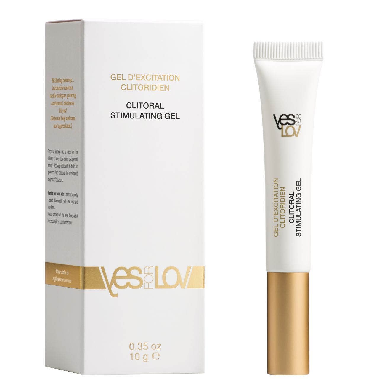 Weiße Tube und Schachtel. Auf der Tube steht "YESforLOV". Auf der Schachtel steht "GEL D'EXCITATION CLITORIDIEN".