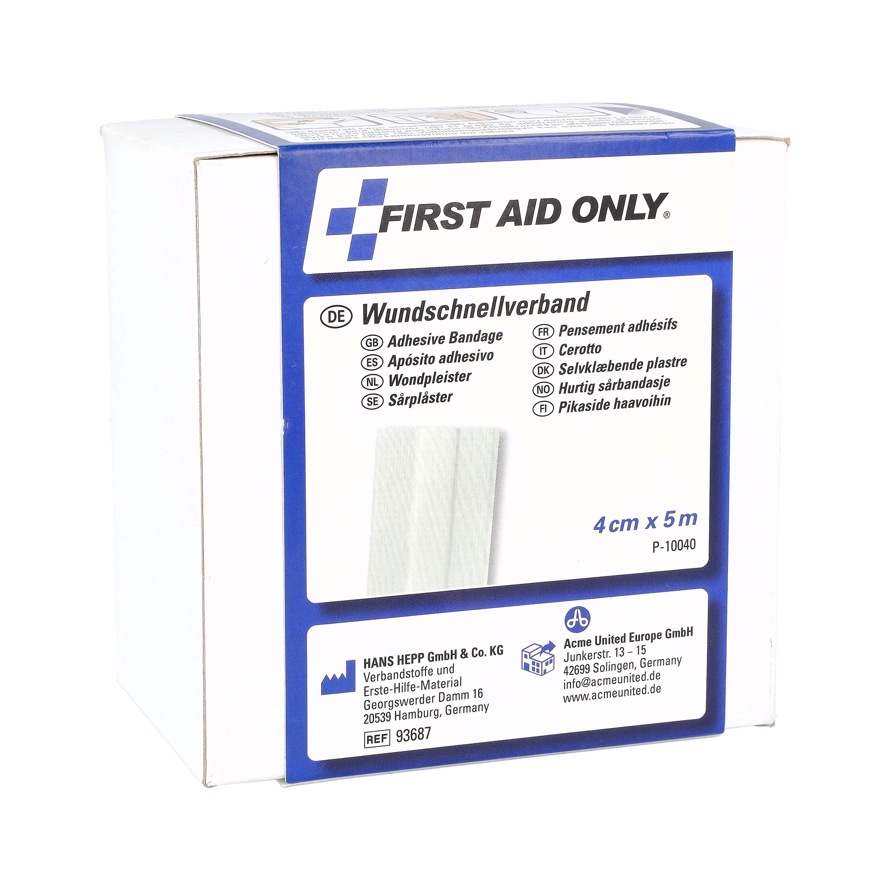 Karton mit Pflasterrolle. Aufdruck: FIRST AID ONLY, Wundschnellverband, 4 cm x 5 m.