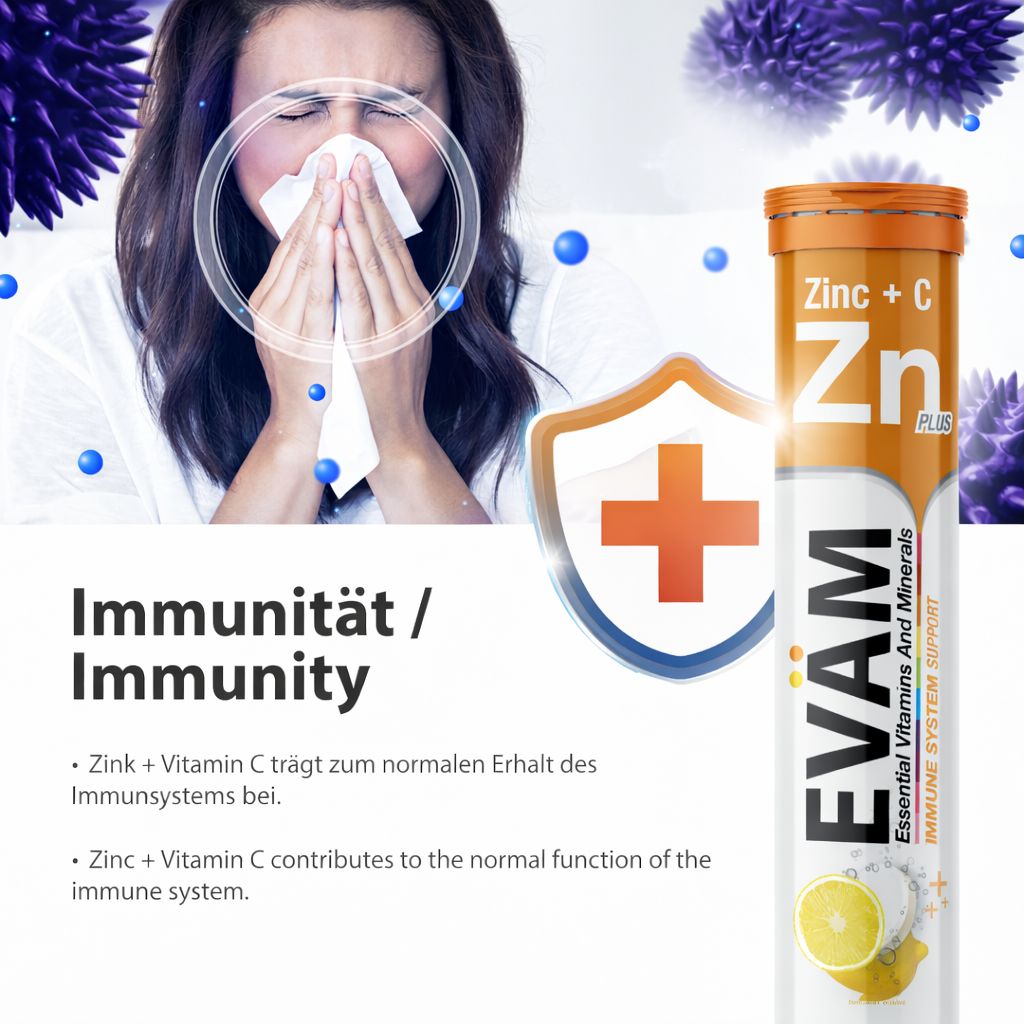 Brausetabletten-Tube mit EVÄM Vitamin C + Zink. Text: Immunität. Frau mit Taschentuch. Zink + Vitamin C für Immunsystem.