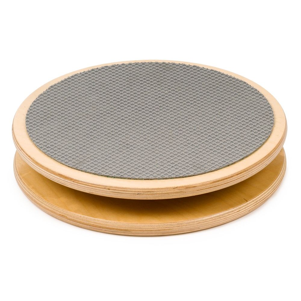 Karussell-Element, Holz mit Drehscheibe. Runde, zweilagige Konstruktion. Obere Schicht mit grauer, geriffelter Oberfläche.