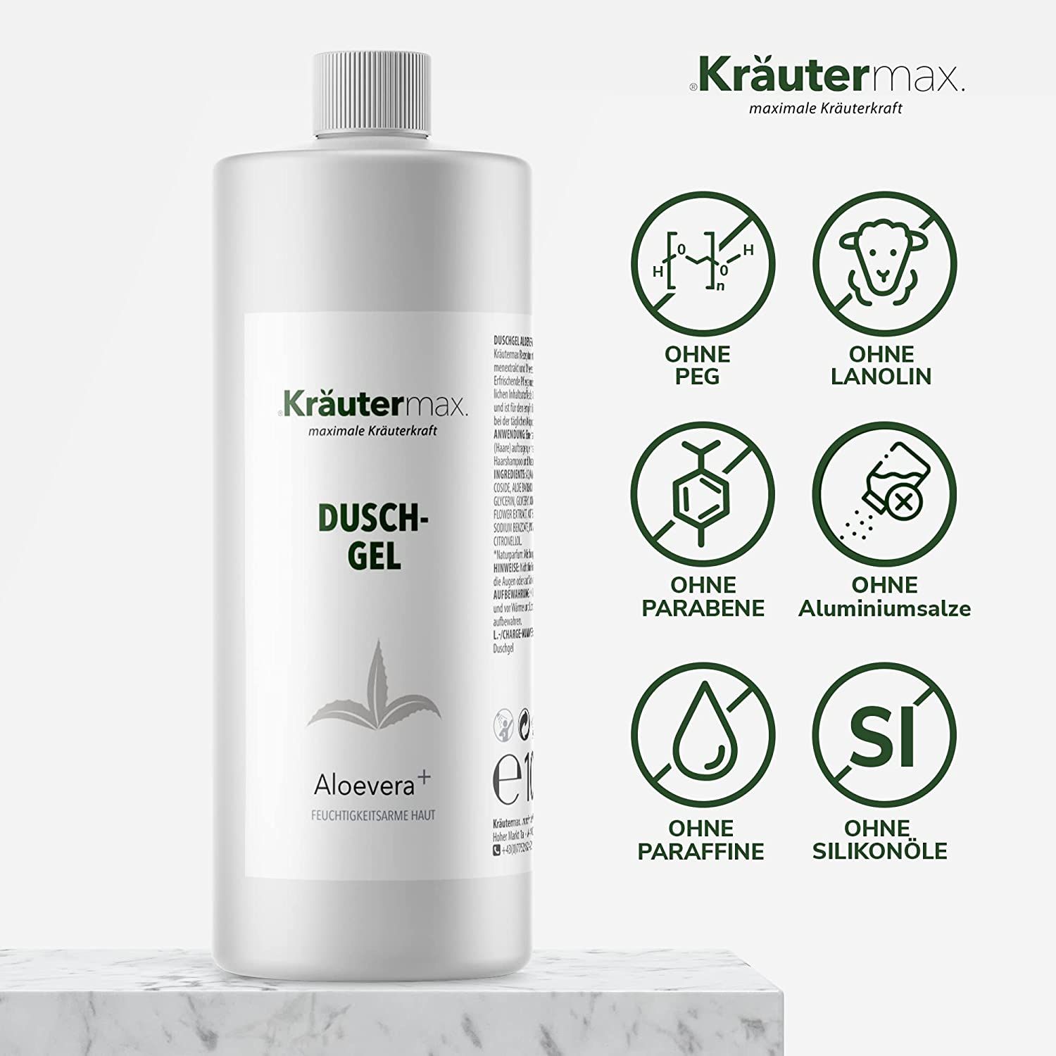 Weißes Duschgel-Behältnis mit Kräutermax-Logo. Text: Duschgel Aloevera+. Symbole: Ohne PEG, Lanolin, Parabene, Aluminiumsalze, Paraffine, Silikonöle.